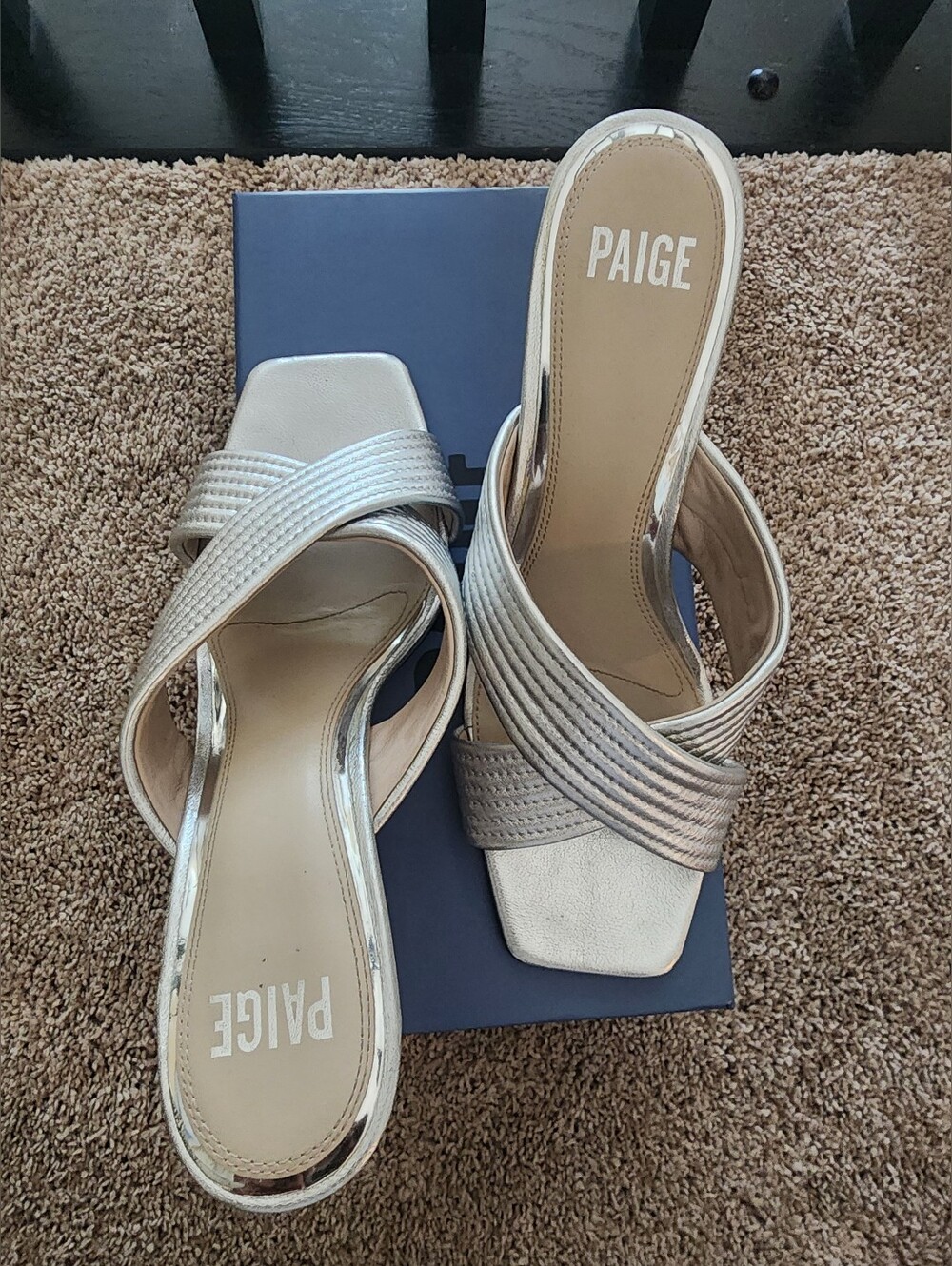 PAIGE Metallic Silver Cross-Strap Slide Heels